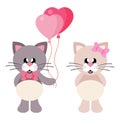 Cartoon cute cat with tie and cat girl with lovely balloons