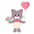 Cartoon cute cat with tie and fowers and lovely balloons