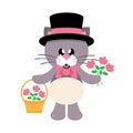 Cartoon cute cat with tie and hat and fowers and basket