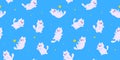 Cartoon cute cats astronauts flying in blue sky space with stars seamless pattern