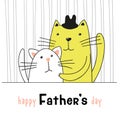 Cartoon cute cats, daddy cat hugs his kitten. Father`s Day greeting card.