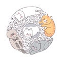 Cartoon cute cats vector. Doodle circle frame.