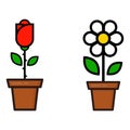 Cartoon cute chamomile and red rose in a pot vector