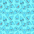 Cartoon cute characters kawaii blue water smiling drops seamless pattern. Flat design