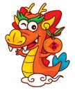 Cartoon cute chinese dragon zodiac holding tangerine orange and riding on cloud character vector. Chinese new year 2024