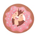 Cartoon cute chipmunk with a huge donut. Vector illustration on white background.