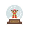 Cartoon cute christmas snowglobe with winter deer with christmas present Royalty Free Stock Photo