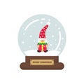 Cartoon cute christmas snowglobe with winter dwarf and christmas present Royalty Free Stock Photo