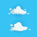 Cartoon cute cloud trendy design icons set on half tone blue circles. Vector illustration of weather or sky background. Royalty Free Stock Photo