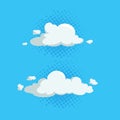 Cartoon cute cloud trendy design icons set on half tone blue circles. Vector illustration of weather or sky background. Royalty Free Stock Photo