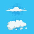 Cartoon cute cloud trendy design icons set on half tone blue circles. Vector illustration of weather or sky background. Royalty Free Stock Photo