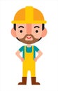 Cartoon cute construction worker character wears safety helmet and costume with his arm on waist