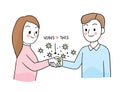 Cartoon cute Coronavirus, COVID-19, woman greeting shake hand with friend vector.