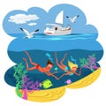 Cartoon cute couple swimming in summer sea Royalty Free Stock Photo