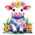 Cute Cow Sitting Flowers Watercolor Clipart Illustration AI Generative