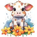 Cute Cow Sitting Flowers Watercolor Clipart Illustration AI Generative