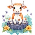 Cute Cow Sitting Flowers Watercolor Clipart Illustration AI Generative