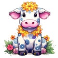 Cute Cow Sitting Flowers Watercolor Clipart Illustration AI Generative