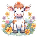 Cute Cow Sitting Flowers Watercolor Clipart Illustration AI Generative