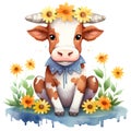 Cute Cow Sitting Flowers Watercolor Clipart Illustration AI Generative