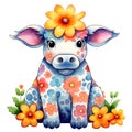 Cute Cow Sitting Flowers Watercolor Clipart Illustration AI Generative