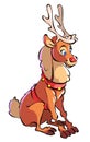 Cartoon cute deer sitting. Santa Claus ` Christmas Reindeer. The Red-nosed Reindeer