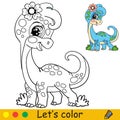 Cartoon cute dinosaur diplodocus girl coloring vector Royalty Free Stock Photo