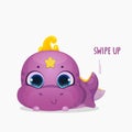 Cartoon cute dinosaur tail wagging. Little sweet dino kid character shows swipe up. Creative layout for social media blogging Royalty Free Stock Photo