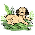 Cartoon cute dog lies on the lawn. Happy puppy is resting in nature. Funny pet.