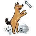 Cartoon cute doggy with bone in doodle style is jumping. Happy puppy. Royalty Free Stock Photo