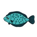 Cartoon cute doodle flounder or flatfish type of fish. Blue and white vector outline animal is isolated on white background. Eyes Royalty Free Stock Photo