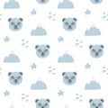 Cartoon cute doodle seamless pattern illustration with cute fluffy blue bear. Endless texture with graphic background.