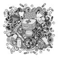 Cartoon cute doodles hand drawn Medicine illustration. Sketch detailed Royalty Free Stock Photo