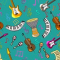 Cartoon cute doodles hand drawn Musical seamless pattern. Endless funny vector illustration. Backdrop with music symbols
