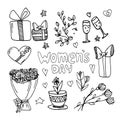 Cartoon cute doodles hand drawn women's day inscription. Sketchy detailed illustration. Lots of objects background.