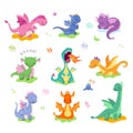 Cartoon cute dragon. Isolated funny dragons characters. Mythical animals with fire flame and wings. Little dinosaurs