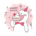 Cartoon cute draw cat eating cake, Happy birth day vector.