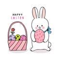 Cartoon cute Easter day rabbit and colorful eggs in basket . Royalty Free Stock Photo