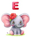 Cartoon cute elephant with flower and letter of the alphabet Royalty Free Stock Photo