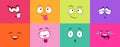 Cartoon cute faces. Monster smile crying angry, colorful cards with smiley. Comic characters for kids vector