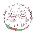 Cartoon cute Father and baby cat playing swing, Flower circle frame vector.