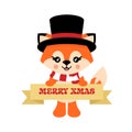 Cartoon cute fox with scarf in hat vector and christmas sign Royalty Free Stock Photo