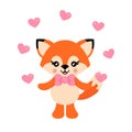 Cartoon cute fox with tie and lovely hearts