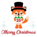 Cartoon cute fox vector with hat and christmas calendar and christmas text Royalty Free Stock Photo