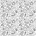 Cartoon cute fruits and vegetables on white background. Seamless pattern. Linear coloring illustration. Royalty Free Stock Photo