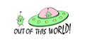 Cartoon cute funny Alien in Flying Saucer, UFO. Out of this world. Simple color vector illustration in flat doodle style Royalty Free Stock Photo