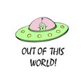 Cartoon cute funny Alien in Flying Saucer, UFO. Out of this world. Simple color vector illustration, icon Royalty Free Stock Photo