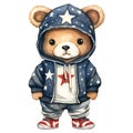 Cute Funny Baby Bear Wearing American Flag Clipart Illustration AI Generative Royalty Free Stock Photo