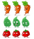 Cartoon cute funny carrots tomatoes and green leaf