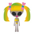 Cartoon cute funny grey girl alien character with standing pose and pigtails